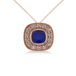 Blue Sapphire and Diamond Halo Cushion Pendant Necklace 14k Rose Gold 1.62ct - All