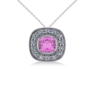 Pink Sapphire and Diamond Halo Cushion Pendant Necklace 14k White Gold 1.62ct - All