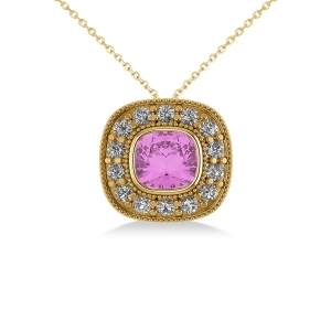 Pink Sapphire and Diamond Halo Cushion Pendant Necklace 14k Yellow Gold 1.62ct - All