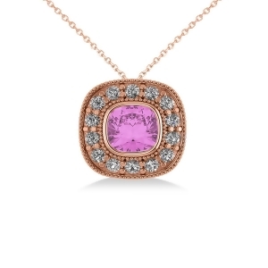 Pink Sapphire and Diamond Halo Cushion Pendant Necklace 14k Rose Gold 1.62ct - All