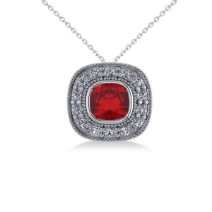 Ruby and Diamond Halo Cushion Pendant Necklace 14k White Gold 1.62ct - All