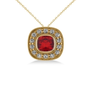 Ruby and Diamond Halo Cushion Pendant Necklace 14k Yellow Gold 1.62ct - All