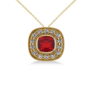 Ruby and Diamond Halo Cushion Pendant Necklace 14k Yellow Gold 1.62ct - All