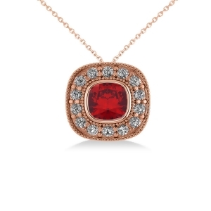 Ruby and Diamond Halo Cushion Pendant Necklace 14k Rose Gold 1.62ct - All