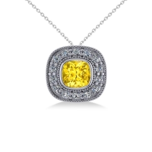 Yellow Sapphire and Diamond Halo Cushion Pendant Necklace 14k White Gold 1.62ct - All
