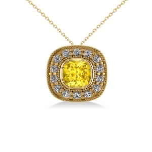 Yellow Sapphire and Diamond Halo Cushion Pendant Necklace 14k Yellow Gold 1.62ct - All