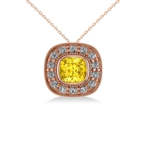 Yellow Sapphire and Diamond Halo Cushion Pendant Necklace 14k Rose Gold 1.62ct - All
