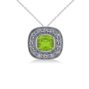 Peridot and Diamond Halo Cushion Pendant Necklace 14k White Gold 1.52ct - All