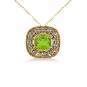 Peridot and Diamond Halo Cushion Pendant Necklace 14k Yellow Gold 1.52ct - All