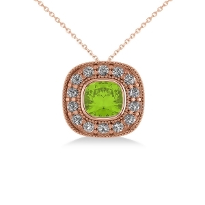 Peridot and Diamond Halo Cushion Pendant Necklace 14k Rose Gold 1.52ct - All