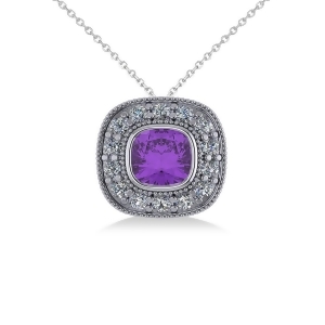 Amethyst and Diamond Halo Cushion Pendant Necklace 14k White Gold 1.27ct - All