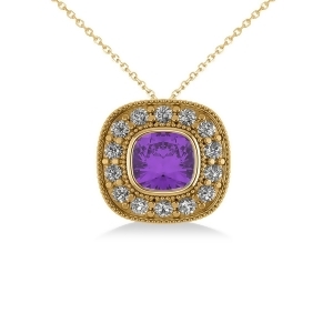 Amethyst and Diamond Halo Cushion Pendant Necklace 14k Yellow Gold 1.27ct - All