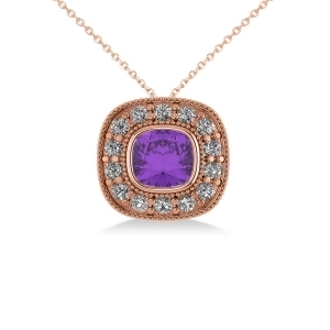 Amethyst and Diamond Halo Cushion Pendant Necklace 14k Rose Gold 1.27ct - All