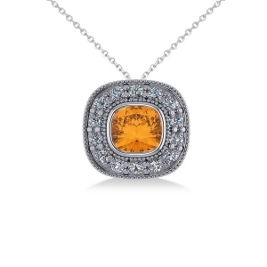 Citrine and Diamond Halo Cushion Pendant Necklace 14k White Gold 1.27ct - All