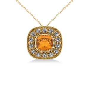 Citrine and Diamond Halo Cushion Pendant Necklace 14k Yellow Gold 1.27ct - All