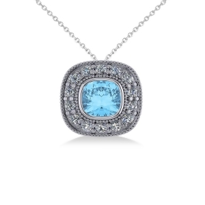 Blue Topaz and Diamond Halo Cushion Pendant Necklace 14k White Gold 1.67ct - All