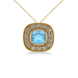 Blue Topaz and Diamond Halo Cushion Pendant Necklace 14k Yellow Gold 1.67ct - All
