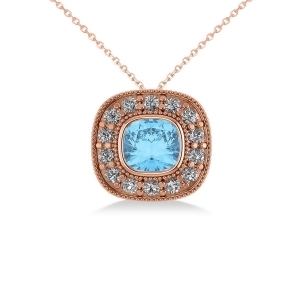 Blue Topaz and Diamond Halo Cushion Pendant Necklace 14k Rose Gold 1.67ct - All