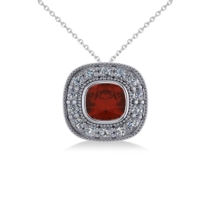 Garnet and Diamond Halo Cushion Pendant Necklace 14k White Gold 1.62ct - All