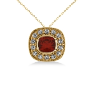 Garnet and Diamond Halo Cushion Pendant Necklace 14k Yellow Gold 1.62ct - All