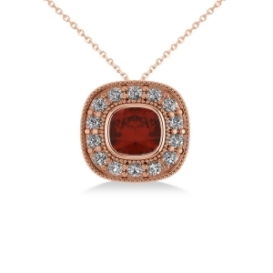 Garnet and Diamond Halo Cushion Pendant Necklace 14k Rose Gold 1.62ct - All