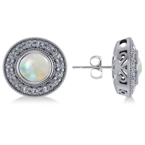 Opal and Diamond Halo Round Earrings 14k White Gold 2.40ct - All
