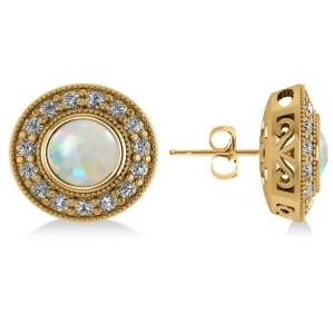 Opal and Diamond Halo Round Earrings 14k Yellow Gold 2.40ct - All