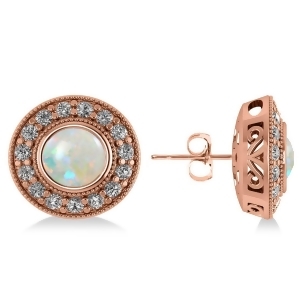 Opal and Diamond Halo Round Earrings 14k Rose Gold 2.40ct - All