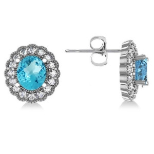 Blue Topaz and Diamond Floral Oval Earrings 14k White Gold 5.96ct - All