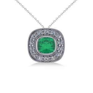 Emerald and Diamond Halo Cushion Pendant Necklace 14k White Gold 1.22ct - All