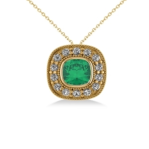 Emerald and Diamond Halo Cushion Pendant Necklace 14k Yellow Gold 1.22ct - All