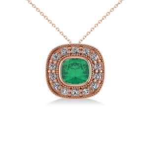 Emerald and Diamond Halo Cushion Pendant Necklace 14k Rose Gold 1.22ct - All