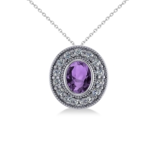 Amethyst and Diamond Halo Oval Pendant Necklace 14k White Gold 1.27ct - All