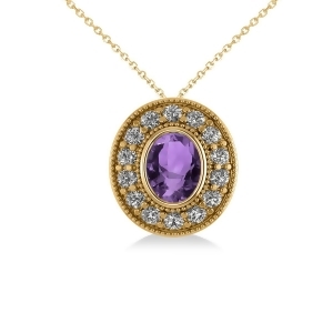 Amethyst and Diamond Halo Oval Pendant Necklace 14k Yellow Gold 1.27ct - All