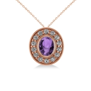 Amethyst and Diamond Halo Oval Pendant Necklace 14k Rose Gold 1.27ct - All