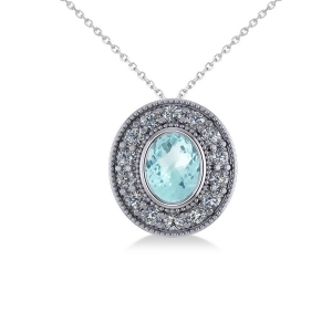 Aquamarine and Diamond Halo Oval Pendant Necklace 14k White Gold 1.17ct - All