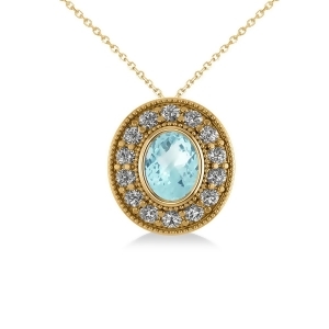 Aquamarine and Diamond Halo Oval Pendant Necklace 14k Yellow Gold 1.17ct - All