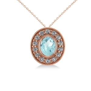 Aquamarine and Diamond Halo Oval Pendant Necklace 14k Rose Gold 1.17ct - All