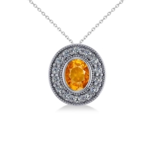 Citrine and Diamond Halo Oval Pendant Necklace 14k White Gold 1.27ct - All
