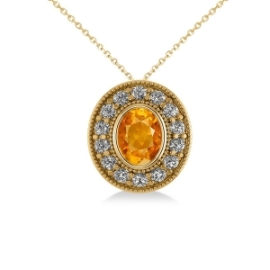 Citrine and Diamond Halo Oval Pendant Necklace 14k Yellow Gold 1.27ct - All