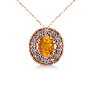 Citrine and Diamond Halo Oval Pendant Necklace 14k Rose Gold 1.27ct - All