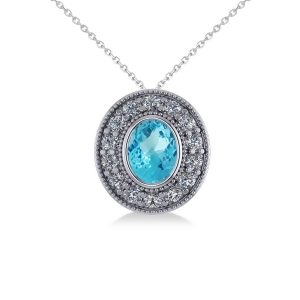 Blue Topaz and Diamond Halo Oval Pendant Necklace 14k White Gold 1.52ct - All