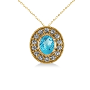 Blue Topaz and Diamond Halo Oval Pendant Necklace 14k Yellow Gold 1.52ct - All