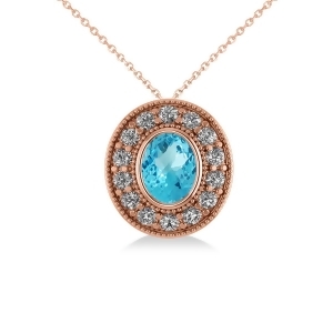 Blue Topaz and Diamond Halo Oval Pendant Necklace 14k Rose Gold 1.52ct - All