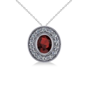 Garnet and Diamond Halo Oval Pendant Necklace 14k White Gold 1.42ct - All