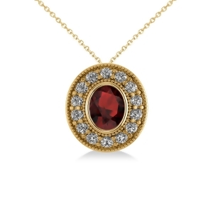Garnet and Diamond Halo Oval Pendant Necklace 14k Yellow Gold 1.42ct - All