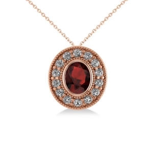 Garnet and Diamond Halo Oval Pendant Necklace 14k Rose Gold 1.42ct - All