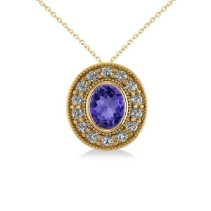 Tanzanite and Diamond Halo Oval Pendant Necklace 14k Yellow Gold 1.31ct - All