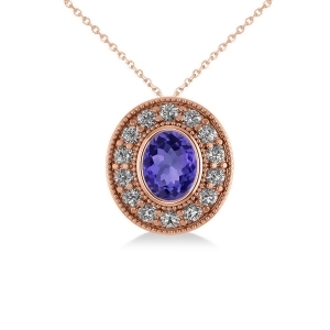 Tanzanite and Diamond Halo Oval Pendant Necklace 14k Rose Gold 1.31ct - All