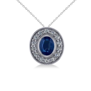 Blue Sapphire and Diamond Halo Oval Pendant Necklace 14k White Gold 1.42ct - All